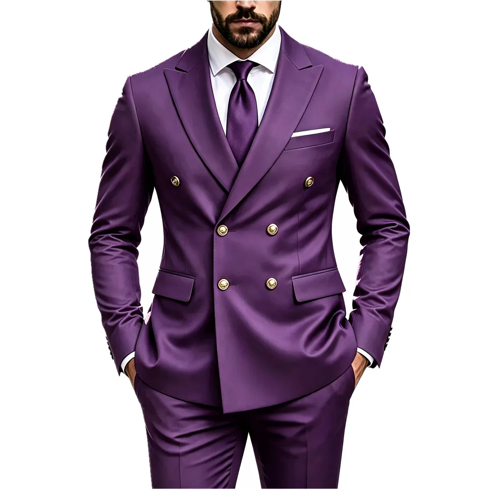 Men's Peak Lapel Double Breasted Golden Button Flap Pocket Business Commute Suit Men Trending Luxury Formal Slim Fit Groom Suit