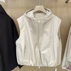 Spring Autumn New Women's Hooded Vest Solid Color Fashion Wild Sleeveless Jacket Ladies Korean Silm Lined Waistcoat Zipper Coat