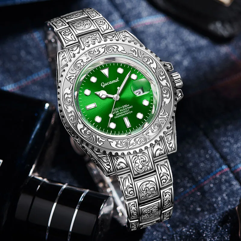 Vintage* Engraved Men’s Quartz Watch with Calendar, Diver-Style Waterproof Wristwatch, Hot-Selling Export Model