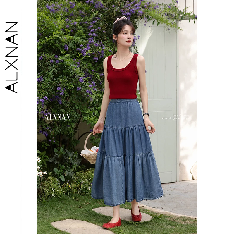 

ALXNAN Women's Blue 2025 Denim Skirt Elegant High-waist A-line Lyocell Long Holiday Casual Loose-fit Ladies Clothing L55770