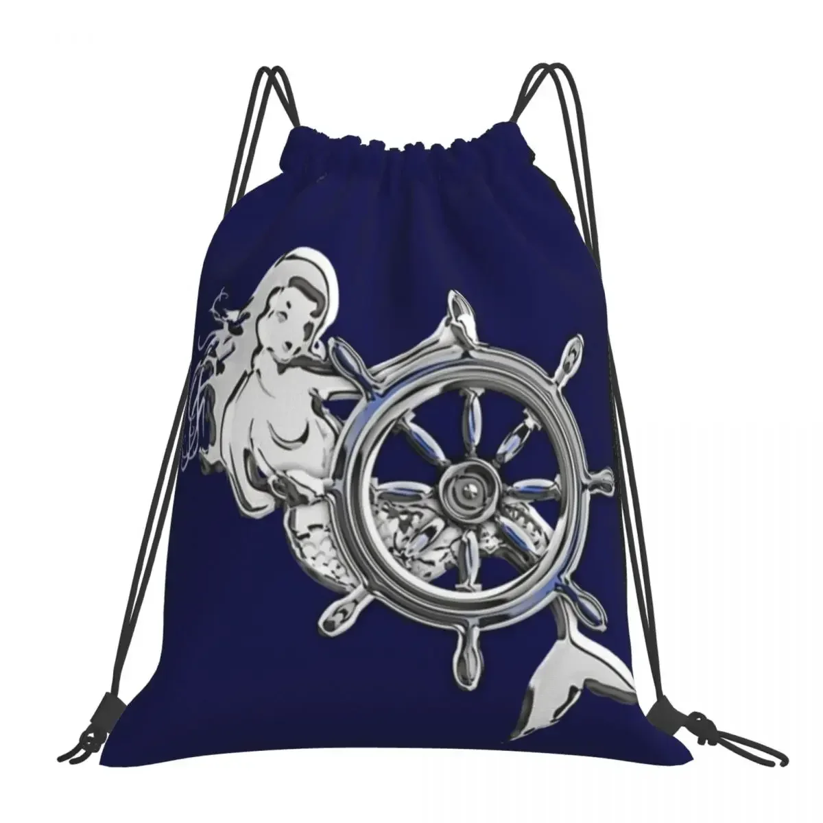 

Chrome Style Nautical Mermaid Applique Backpacks Drawstring Bags Drawstring Bundle Pocket Storage Bag BookBag For Man Woman