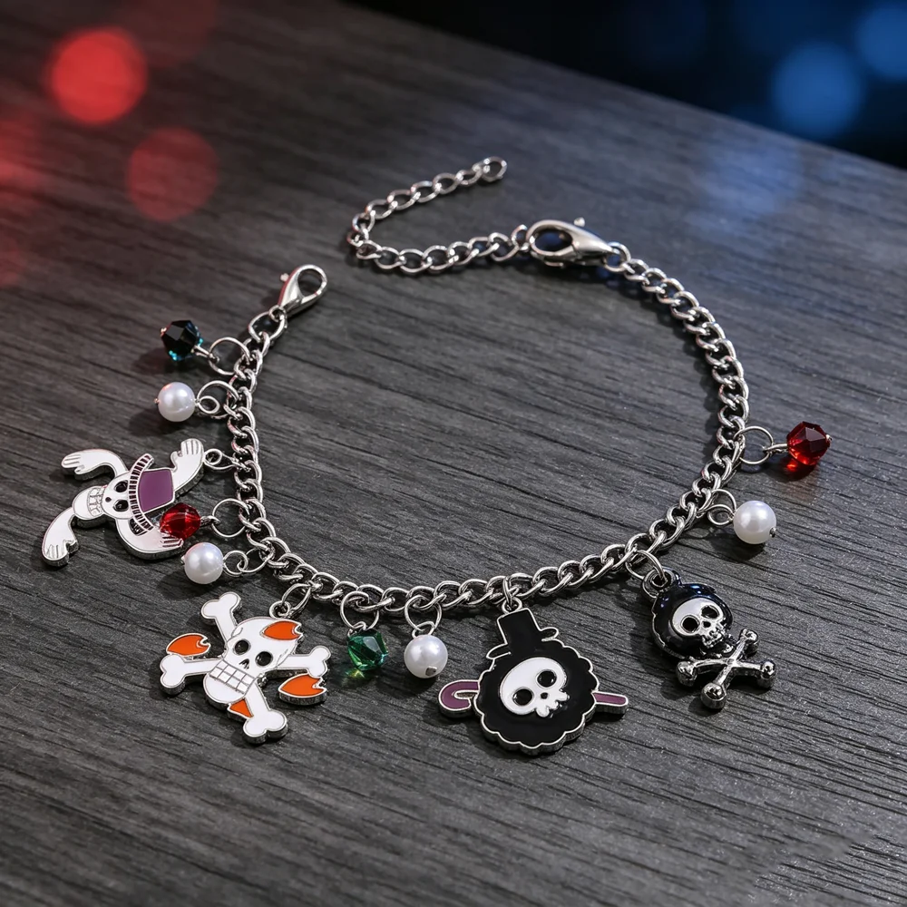 Anime Fashion Cool Bracelet Straw Hat Crew Skull Enamel Pendant Silver Chain Pearl Crystal Beads Wrist Jewelry Cosplay Fan Gift