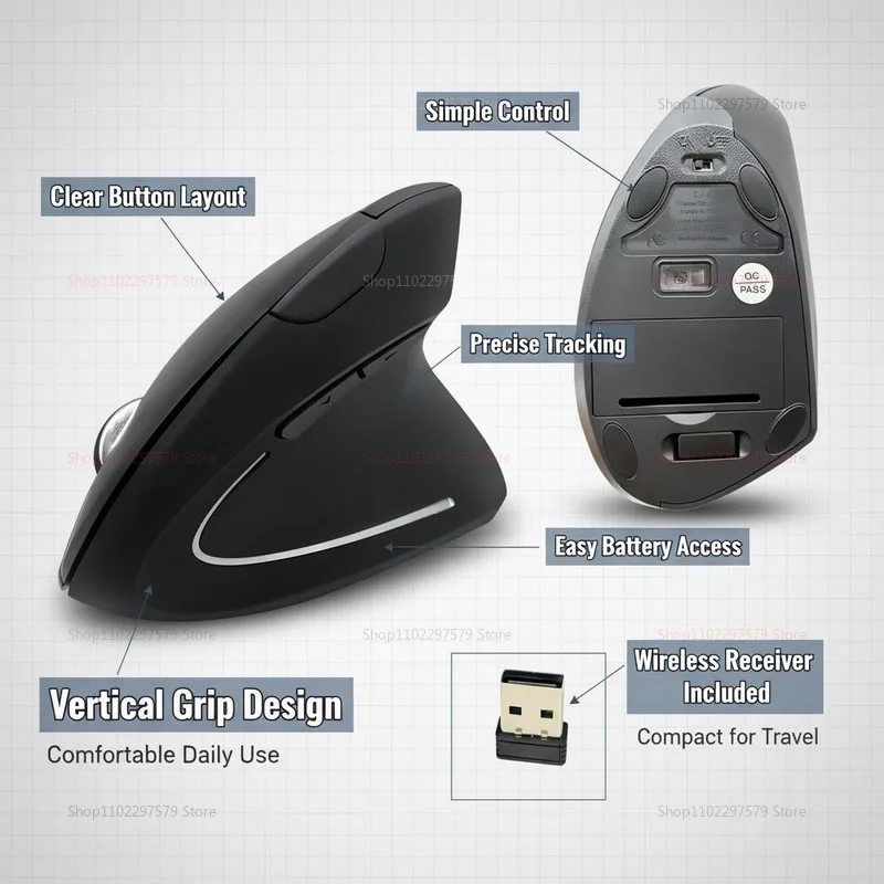 Mouse bluetooth vertical sem fio, ergonômico, alimentado por bateria, adequado para laptops, computadores de mesa, rodas de rolagem antiderrapantes.