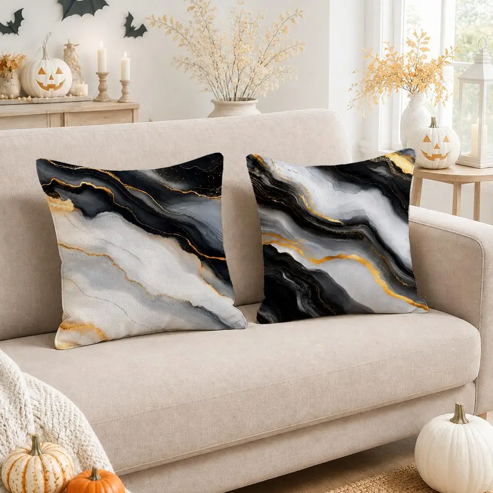 Black White Gray Marble Cushion Cover Linen Double-Sided Printed Pillow Case for Sofa Couch Bedroom Living Room