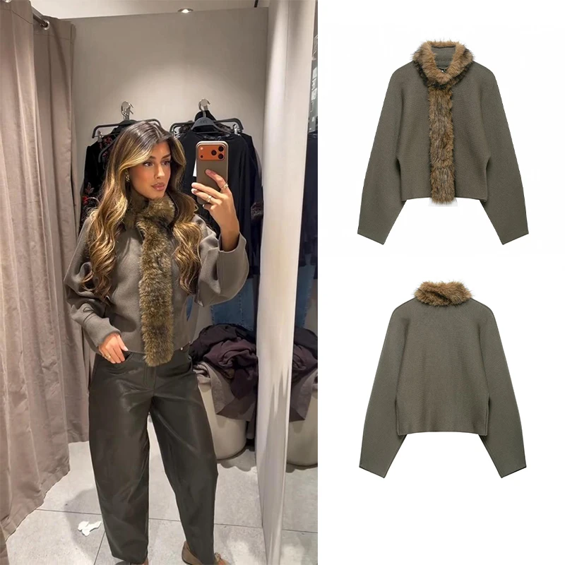 2026 Elegant and Warm Winter Women's Pullover, Vintage Women's Knit Top with Faux Fur Collar Scarf, Long-Sleeve Short Sweater