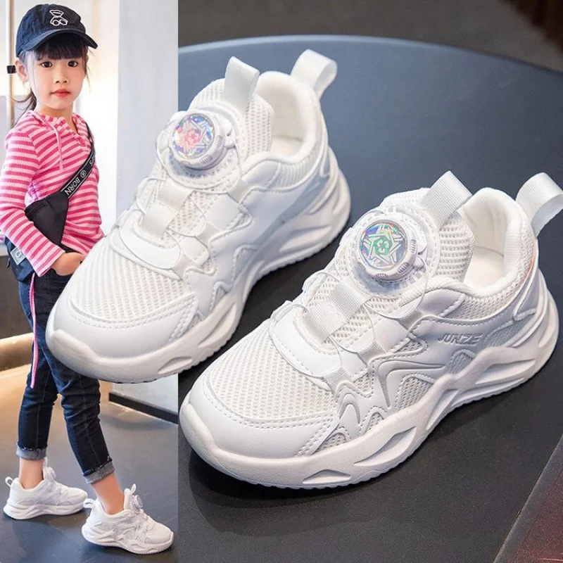 Girls' Sports Shoes Spring and Autumn Children's Fashion White Shoes Medium and Large Children's Rotating Button Soft Bottom Boy