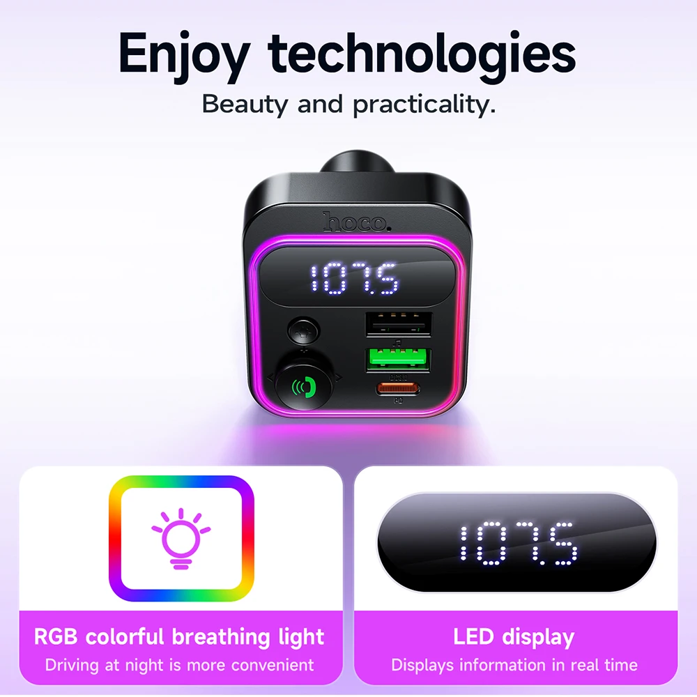 Ładowarka samochodowa HOCO PD20W QC3.0 z Bluetooth 5.4, transmiter FM, oświetleniem RGB, odtwarzaniem z dysku USB i zestawem głośnomówiącym do muzyki i audio. — zdjęcie produktu 6