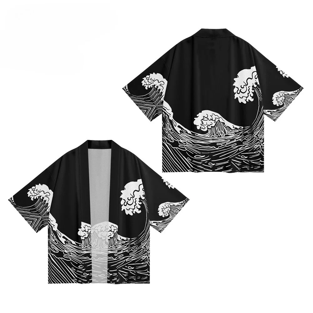

Japanese Samurai Haori Oversized Cardigan Robe 2025 Summer Style Wave Print Kimono Men Streetwear Black Tops