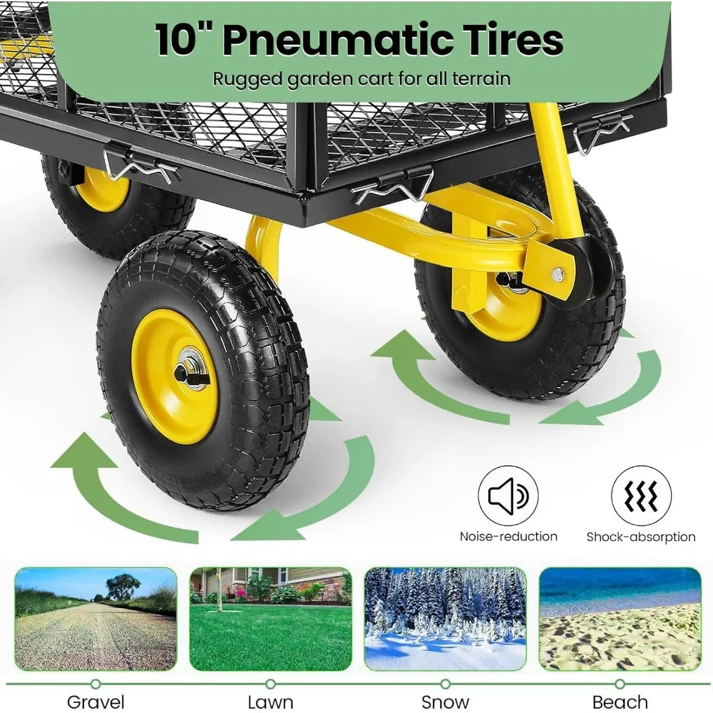 Homdox MAX 880 Lbs Garden Cart, Heavy Duty Foldable Mesh Steel Garden Wagon with 180° Rotating Handle and 10 Inch Tires, Pullabl