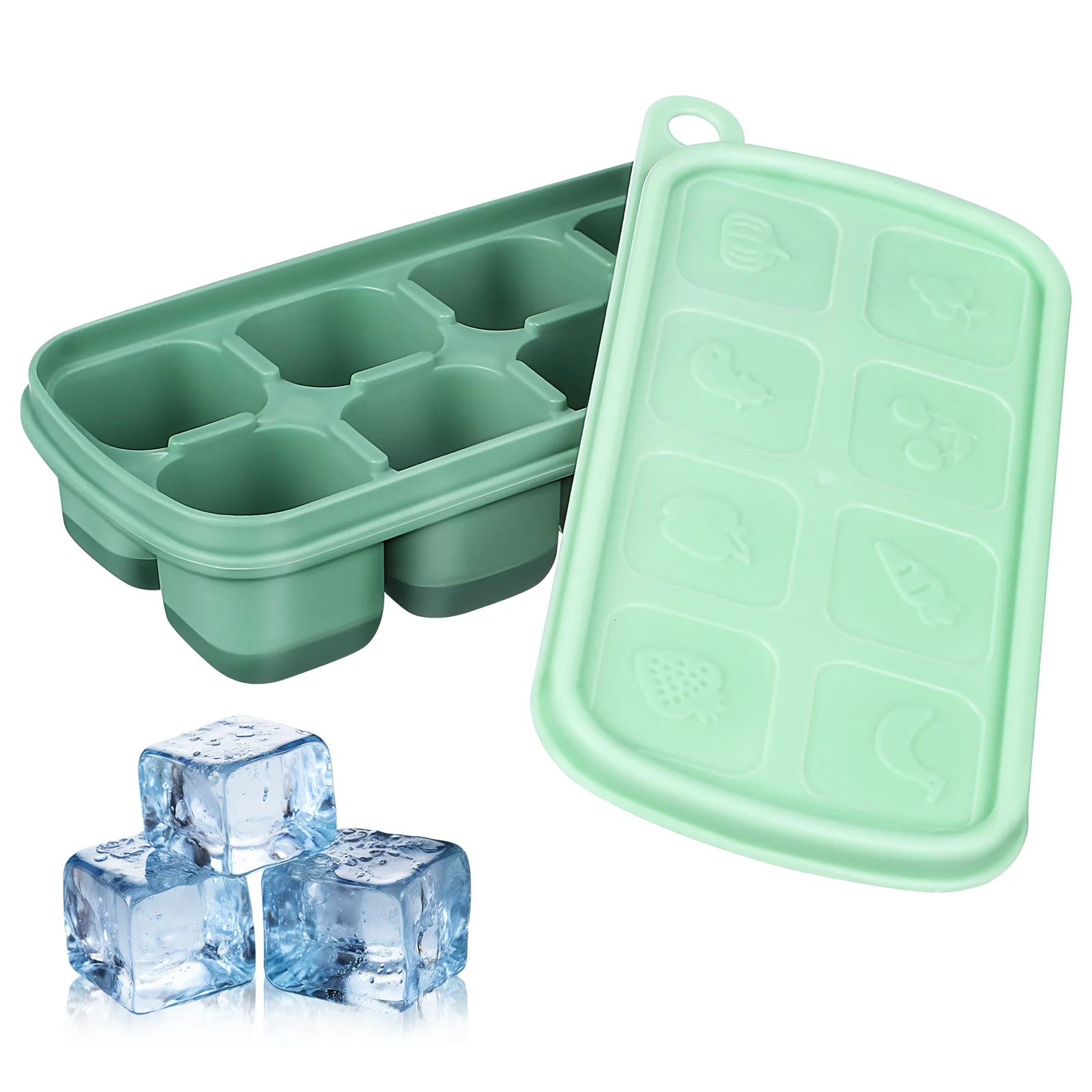 

Silicone Ice Tray 8 Cavities Green Flexible Cube Trays for Freezer with Lid Safe Food Storage Container Small Size