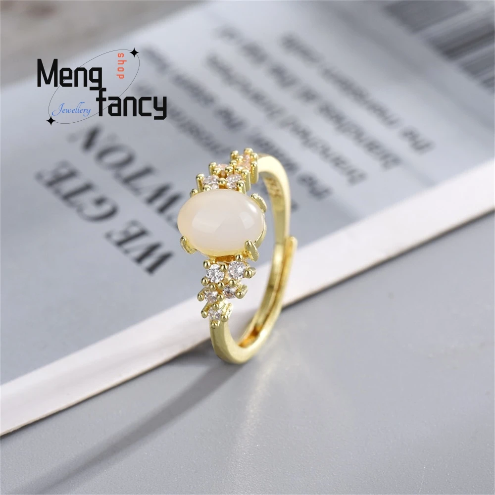 

Natural White Ice Jade Ring, Gemstone Diamond Ring Adjustable Opening, Light Luxury, Noble And Elegant For Women Fashion Jewelry