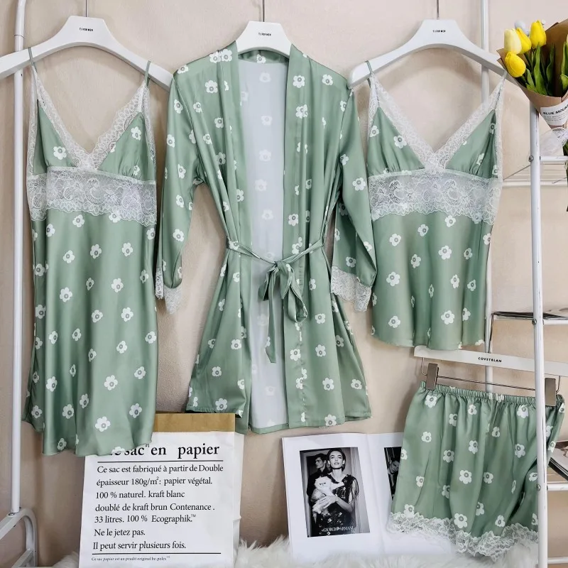 

4PCS Lace Pajamas Set Spring Womens Kimono Robe Gown Suit Nightwear Bathrobe&Cami&Pants Home Clothes Sleep Pijama Negligee