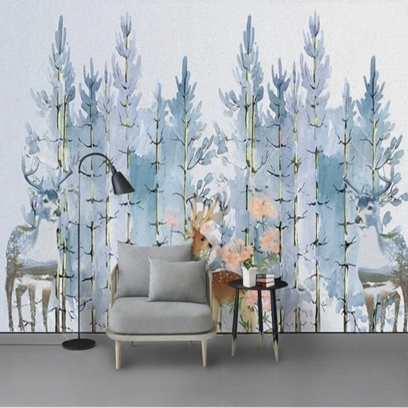 

MU9060 Hand Painted Custom Wall Murals Wallpaper Modern creative oil painting relief Nordic forest deer TV background wall
