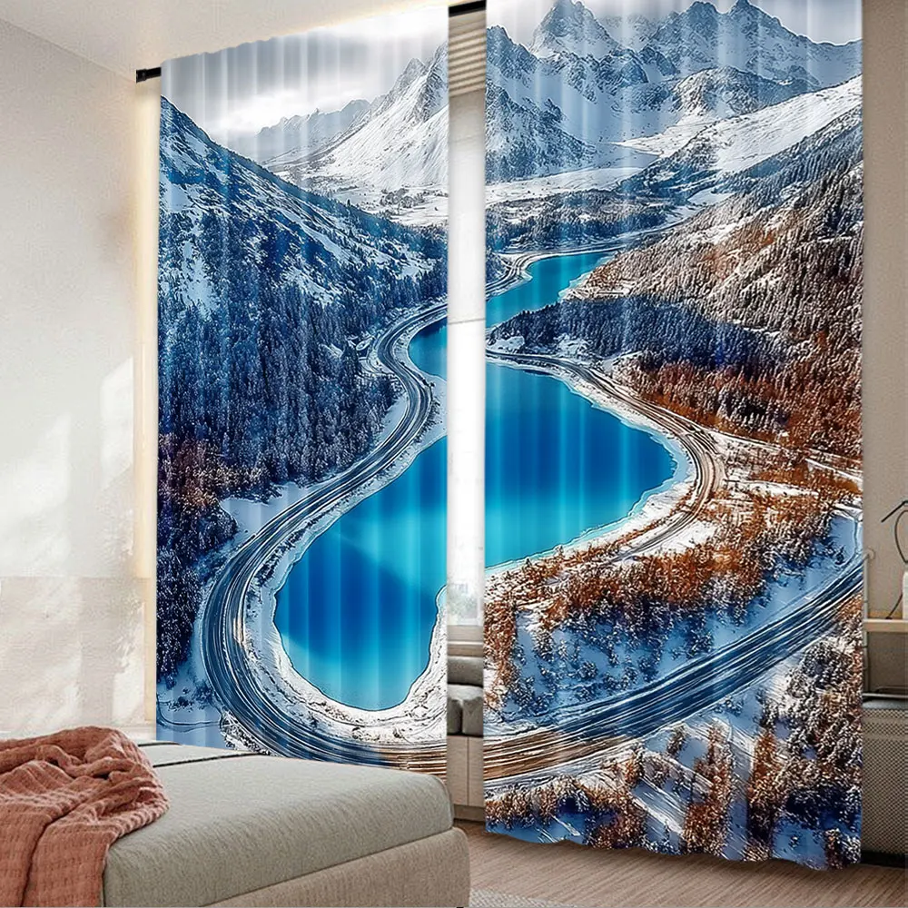 

2Pcs Winter Landscape Curtain Snow Mountains Frozen Lake Snowy Pine Forest Highway Clouds Blue Sky Many Other Occasions