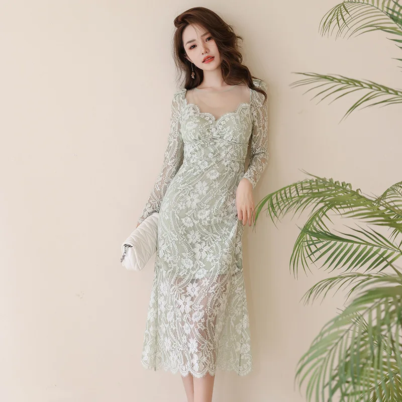 

Coigarsam One-piece Dress New Office Lady Solid Lace Square Collar Light Green Dresses