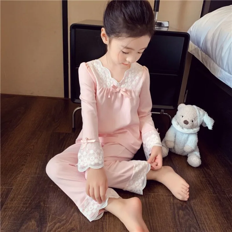 

2025 New Girls' Stylish Spring Loungewear Set Long Sleeve Pajamas Two Piece Casual Elegant Kids' Sleepwear for Children