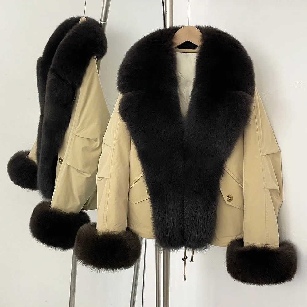 Jaqueta de pele grande gola de pele de raposa real quente feminino 2025 outono inverno pato branco para baixo casaco à prova dwaterproof água feminino grosso puffer jaqueta