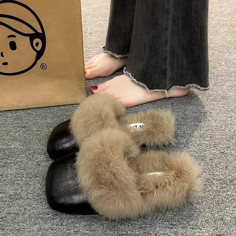 Frauen Herbst/Winter Outdoor Tragen Neue Stil Flachen Boden Fell Hausschuhe Ein Fuß Drag Keine Ferse Mule Fell hausschuhe Erwachsene Einfache