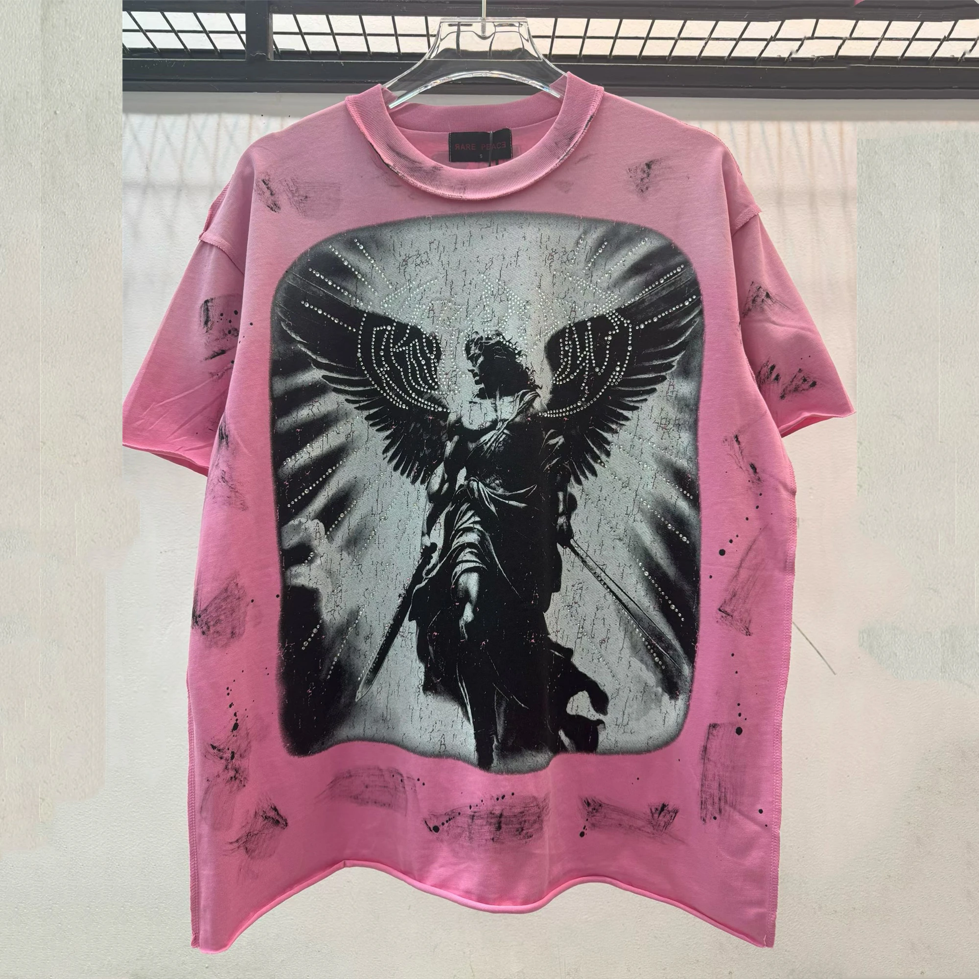 26ss Vintage Rare Peace Washed Pink Studded With Diamonds T Shirt Men Women Tee Tops T-Shirt