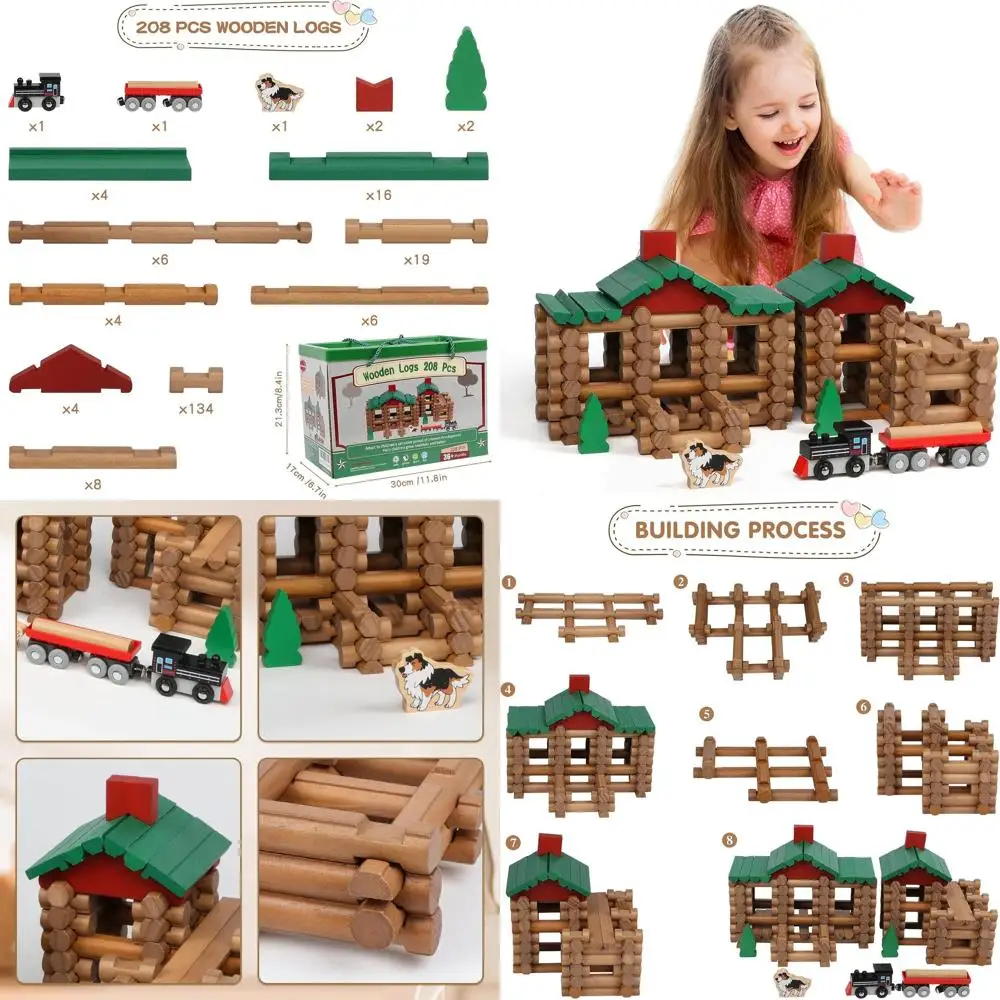 Set da costruzione in legno retrò, 208 pezzi, dai 3 anni in su - Regali di ingegneria creativa per bambini