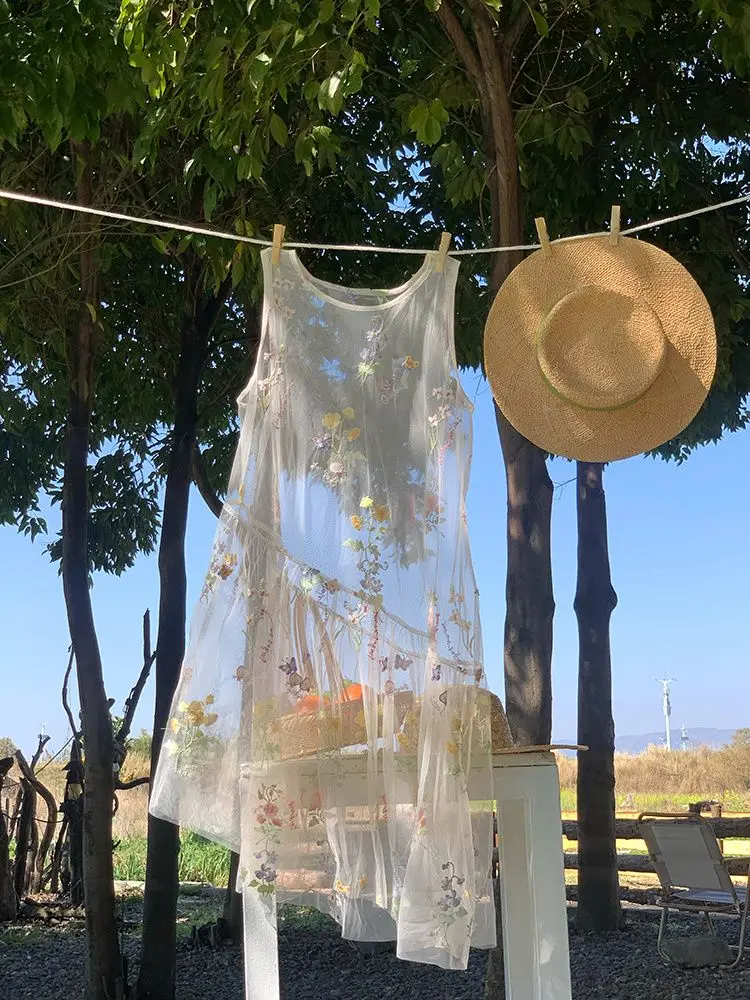 Mesh Borduren Mouwloze Jurken Vrouwen 2023 Zomer Losse Overlap Sheer A-lijn Vest Jurk Fee Zoete Strand Vestidos