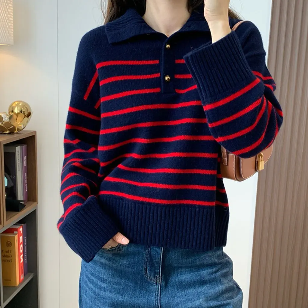 

Heavy Wool French Knit Sweater Simple Lazy Design Color Contrast Half Open Collar Stripe Winter Top F121001