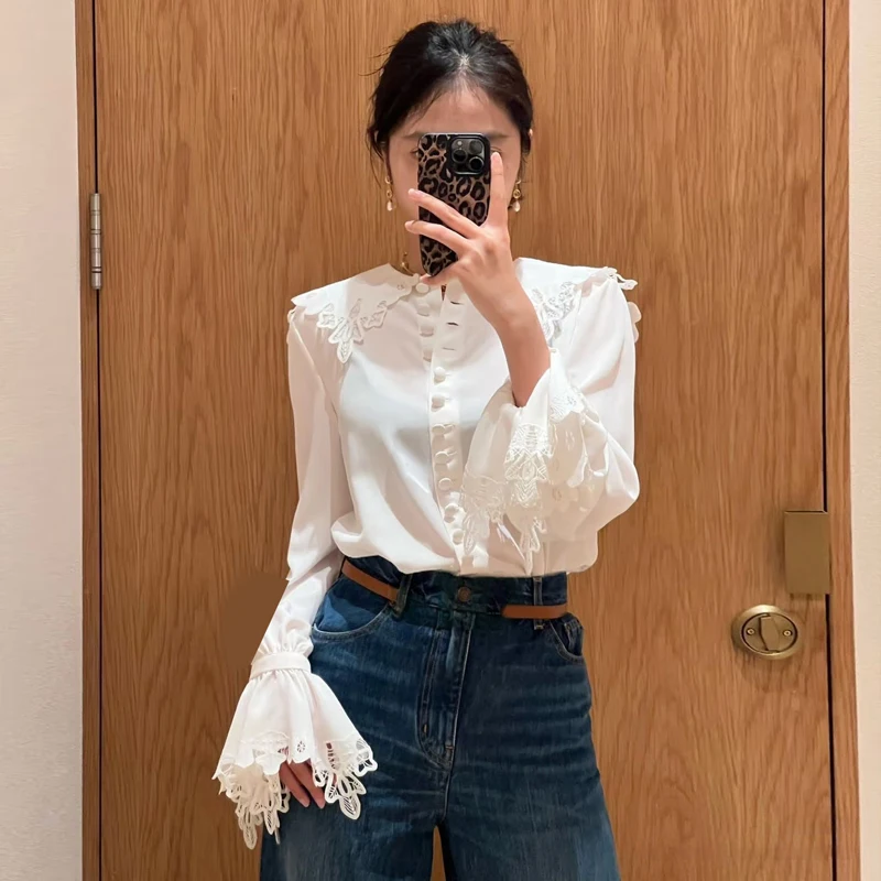 

Chu Qi High Fashion Goddess Series Long Sleeve Embroidered Silk Shirt Alluring Vintage Lace Intricate Craftsmanship Straight Cut