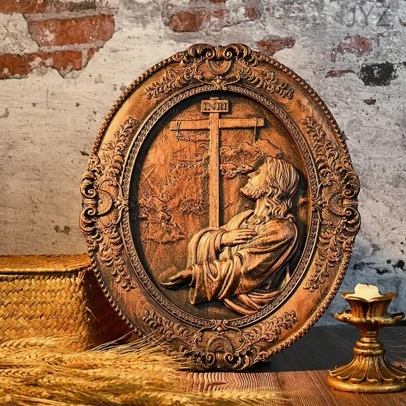 Vintage Solid Wood Carving Jesus Hill Garden Prayer, Religious Statue Home Decoration
