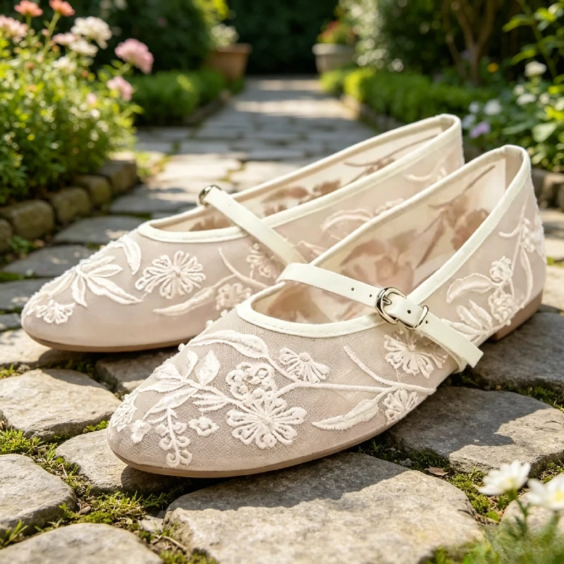 

Woman Mules Sandal Ladies Ballet Flats Loafers Women Design Embroidery Flowers Pearl Mesh Round Tor Buckle Strap Mary Jane Shoes