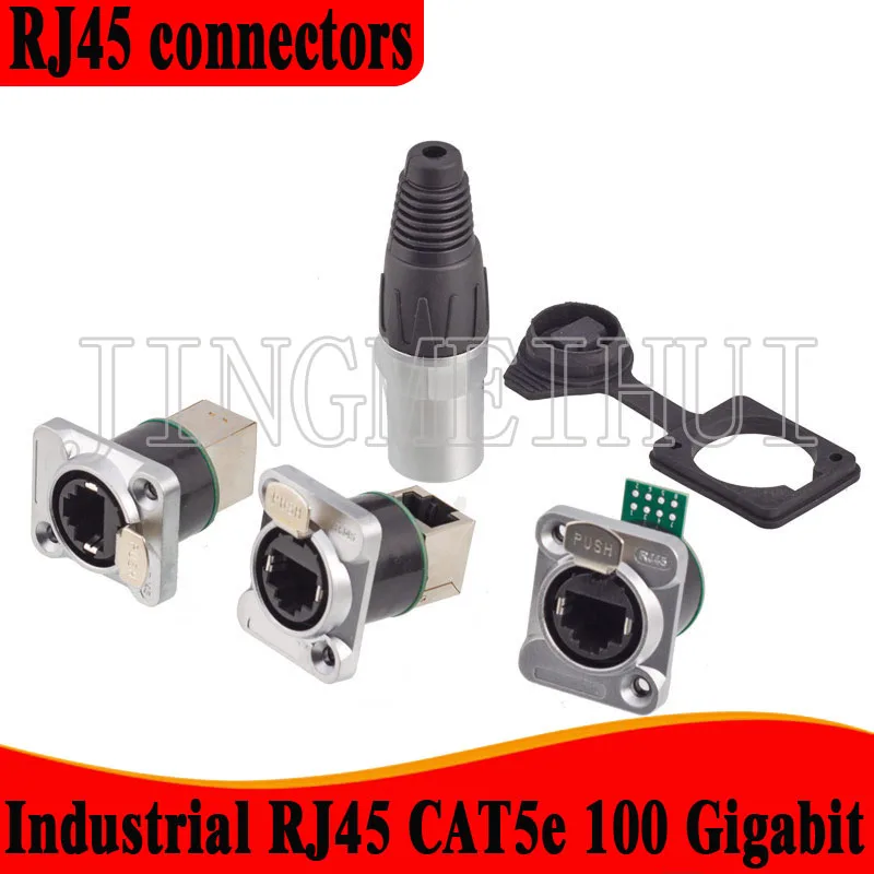 Plug-in RJ45 Square Flange Receptacle Chassis Mount Industrial RJ45 CAT5e 100 Gigabit Connector Plug-Pull PUSH