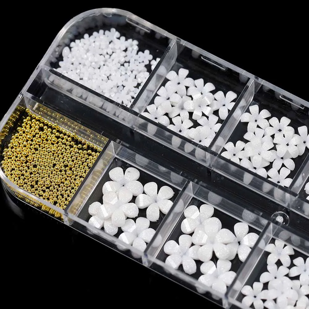 12Grid White Acrylic Petal Flower Nail Charms Mixed Floral Pearl Caviar Beads Nail Art Rhinestones DIY Manicure Decoration