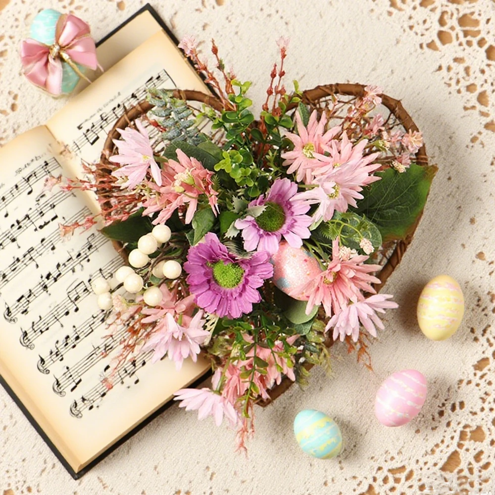 

Искусственный пасхальный венок 11,8 дюймов с имитацией персиковых сердечек и разноцветными яйцами для дома, фермерского дома, вечеринки, входной двери