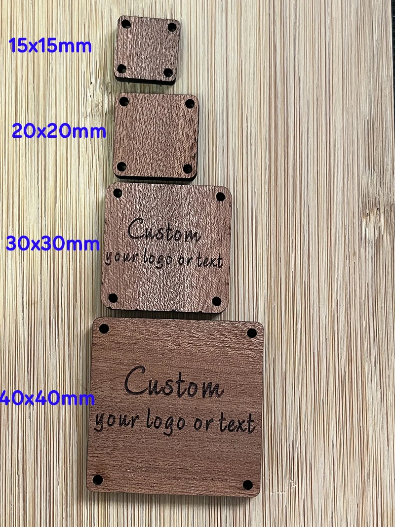 50pcs per lot  Wooden Logo Tags 4mm thickness  Square WoodenTag with  4 holes Free Engraving Your Text LOGO