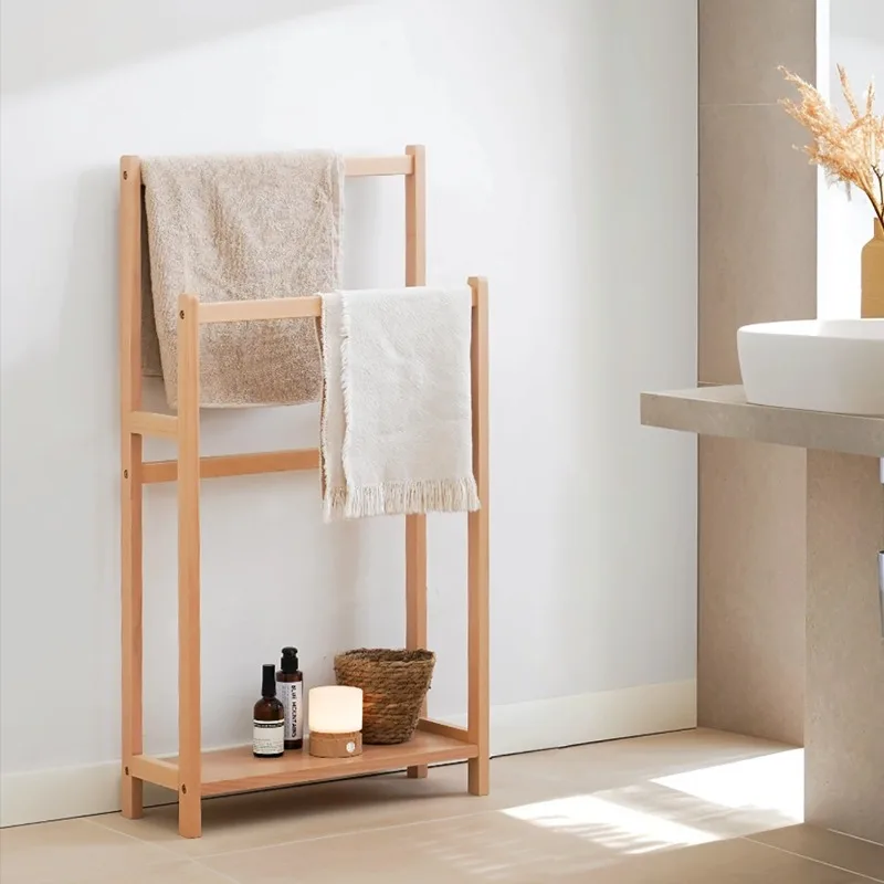 

Solid Wood Bathroom Towel Rack Floor Bathtub Towel Holder Multi-Functional Storage Organizer Space Saving Clothes Stand for Home