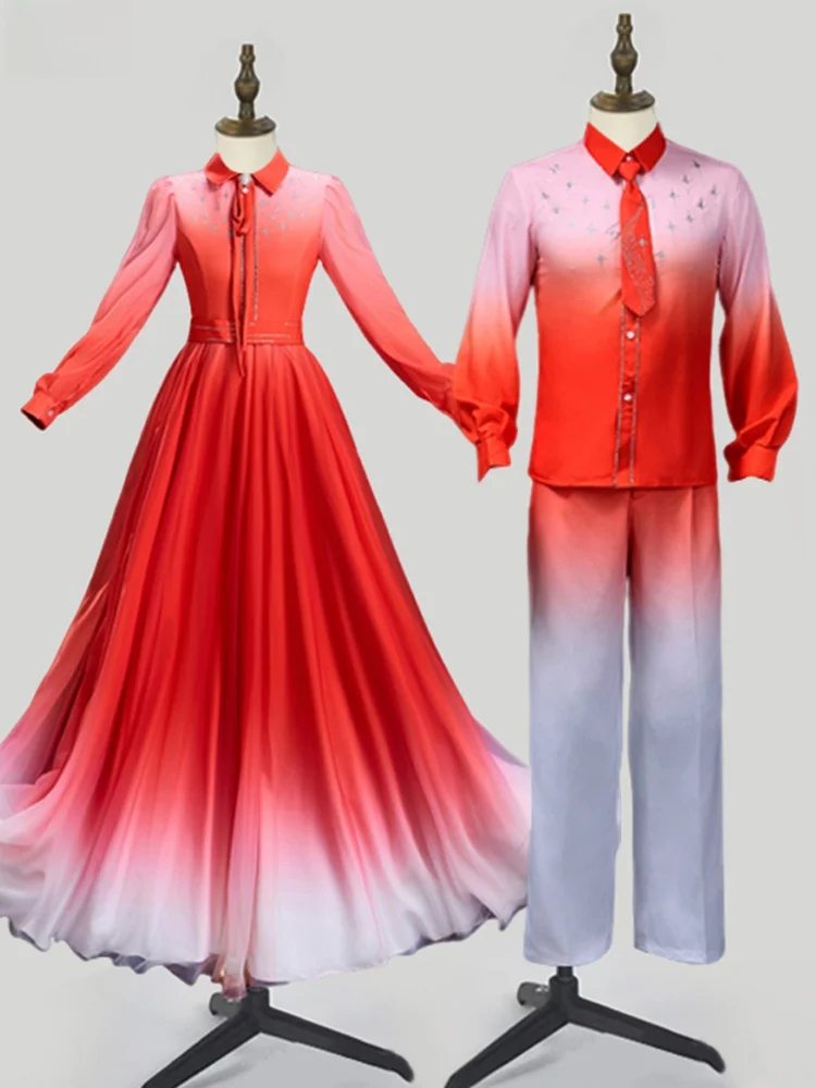 

Red Song Chorus Performance Costume National Stage Outfit Men Women Long Skirt New Style Adult Patriotic Poem Recitation Clothes