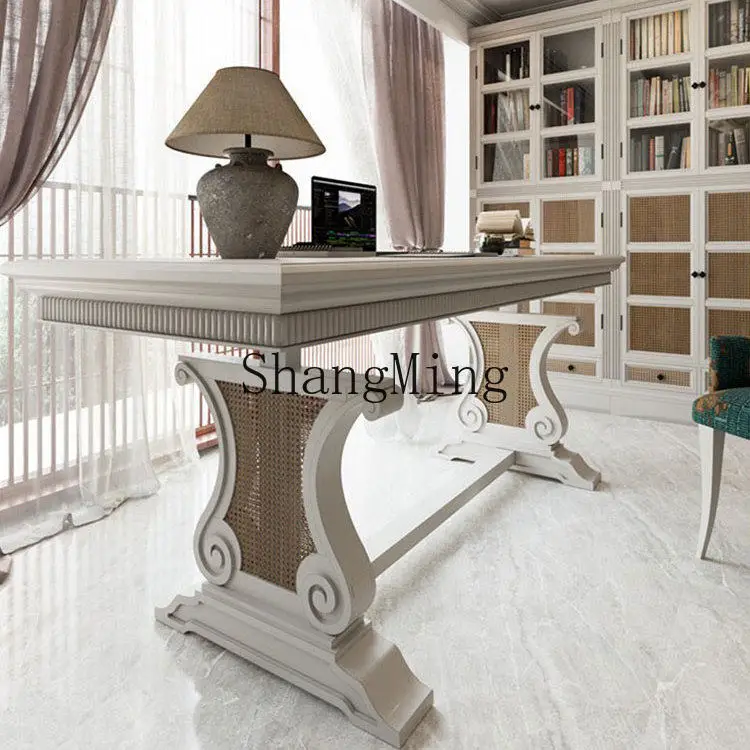 

FG solid wood large desk retro carved study writing desk cream white integrated long dining table