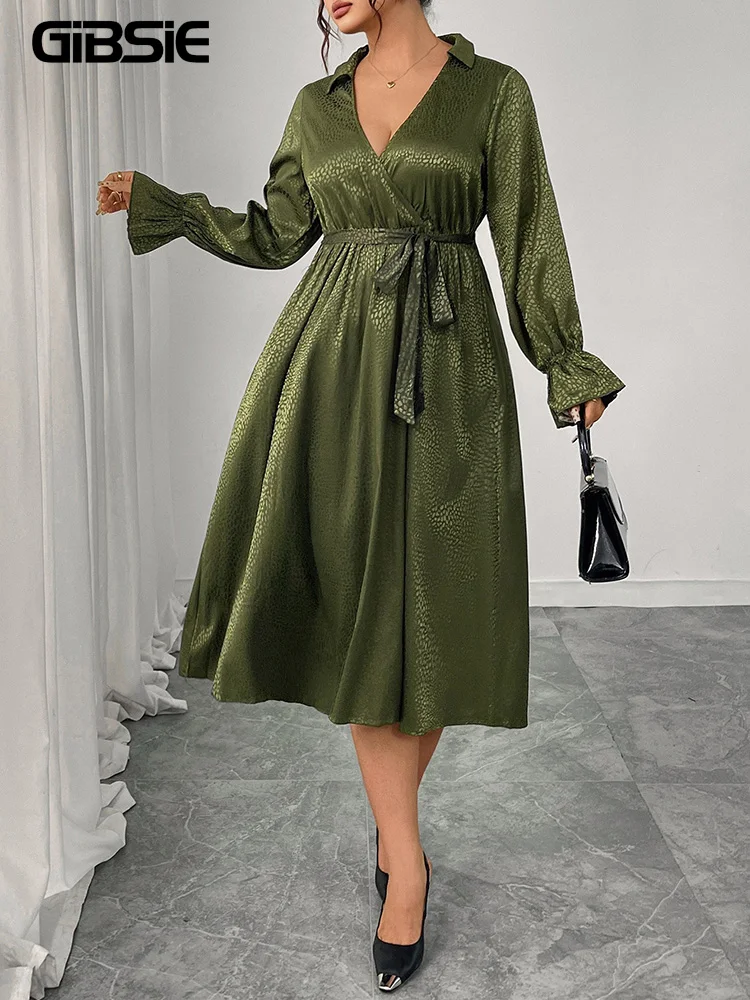 

GIBSIE Plus Size Elegant Surplice Neck Solid Belted Dress Women 2025 Autumn Retro High-waisted Long Sleeve Party A-Line Dresses