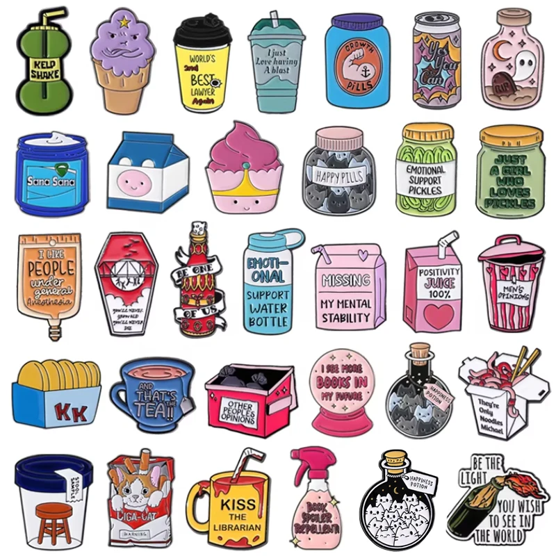 Alfileres esmaltados de bebida de jugo de dibujos animados, soporte emocional, tarro de pepinillos, broche de bebida, insignia de solapa, joyería de dibujos animados de Anime, regalos para amigos