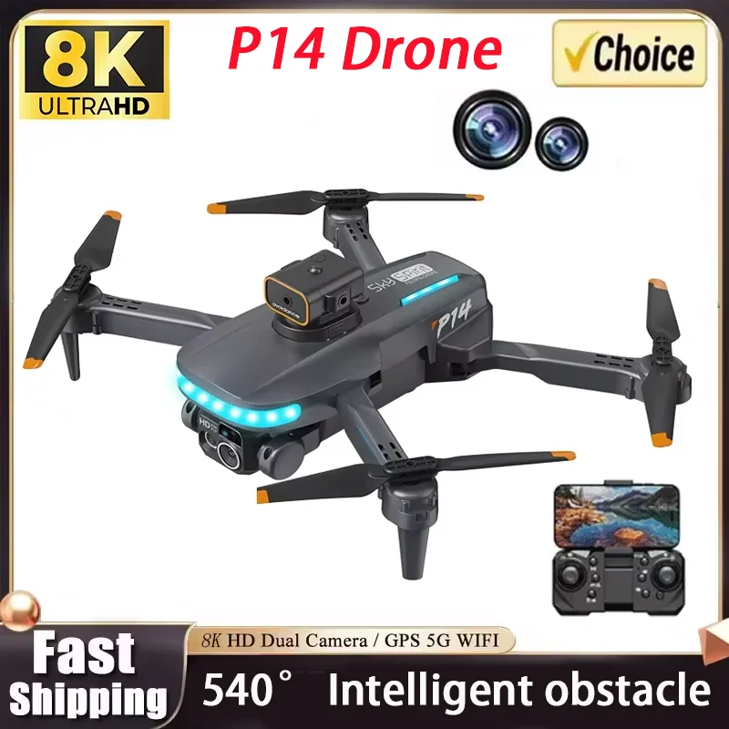 P14 Folding Profissional Drone 8K High-Definition Mini Dual Drone Optical Current Electric Tuning GPS RC Quadcopter Gifts Toys