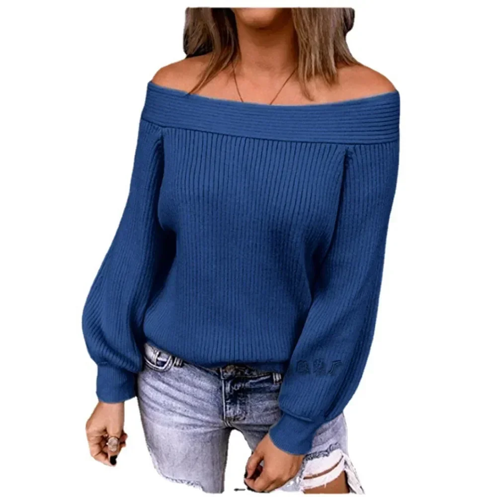 Off-shoulder large size elegant loose knit shirt autumn and winter one-line collar solid color pullover sweater women