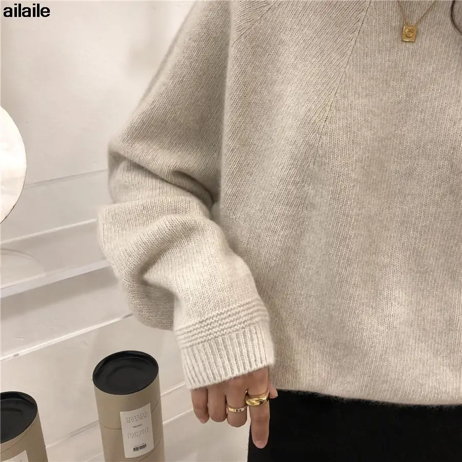 Ailaile Gebreide Trui Vrouwen Lange Mouw Losse Wollen Trui Ronde O Hals Buitenste Jumper Herfst Winter Dikke Alle Match Basic tops