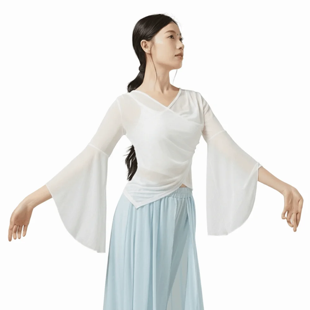 Elegant Classical Dance Top Sheer Mesh Flowy Design Mesh Top Flared Sleeves Gauze Material Flared Sleeve Shirt Women Dancewear