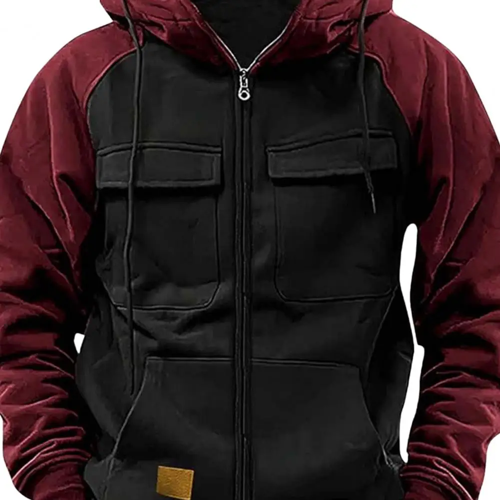 2024 Retro Cargo Hoodies Men\'s Half Zipper Solid Warm Fleece Sweatshirts Multi Pockets Male Hooded Jackets Thick Outdoor Hooded