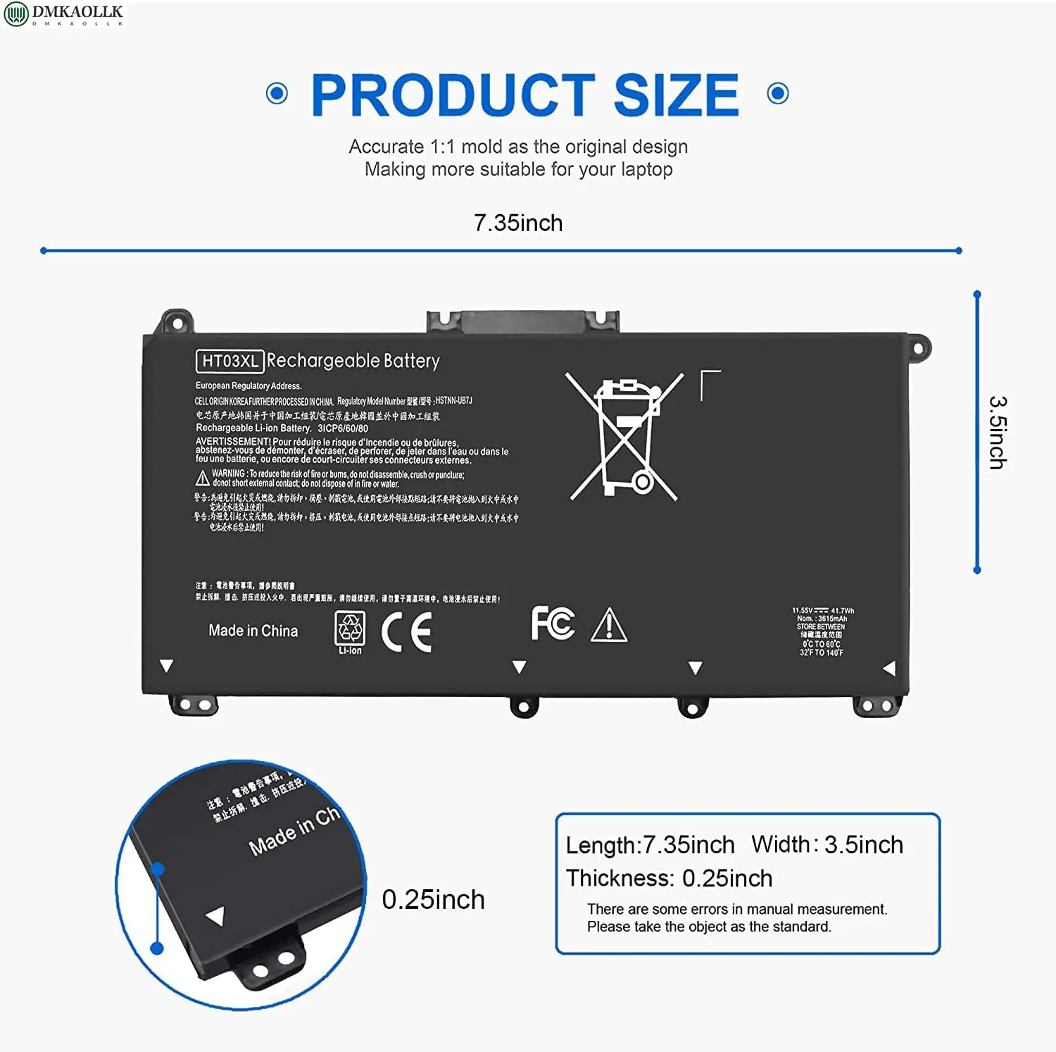 Damaite 11.55V HT03XL L11119-855 Laptop Battery for HP Pavilion 14-CE 14-CF 14-DF 15-CS 15-DA 15-DB 15-DW 17-by 17-CA