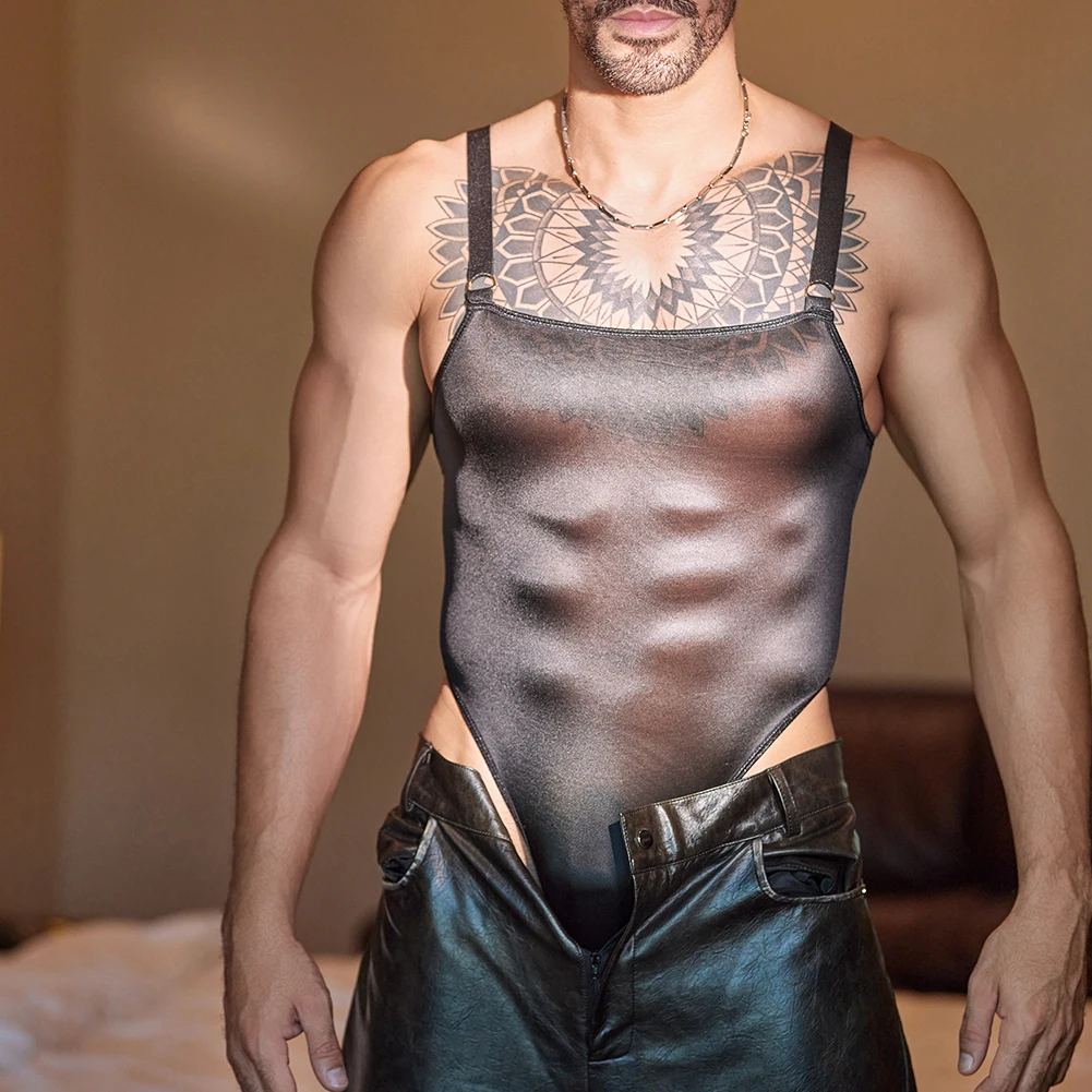 

1pc Sexy Men's Oil Glossy Bodysuits Underwear Elastic Sling Mesh Tights See Through Leotard Jumpsuits Man Tank Tops