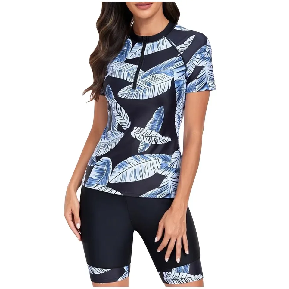 

Women'S Summer Fashion Sports Print Zipper Round Neck Short Sleeved Surfing Suit Summer Beachwear Swimsuits For Women
