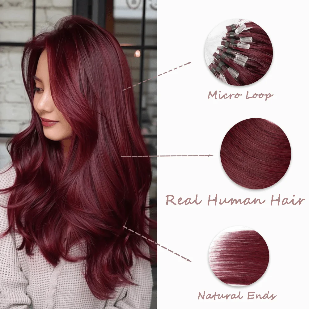 وصلات شعر بحلقة صغيرة من الشعر البشري الحقيقي باللون العنابي، شعر مستقيم للنساء، نهايات طبيعية، تركيب بسيط، يمكن إعادة الاستخدام، 50 قطعة