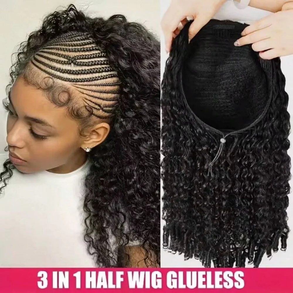 20 Inch Burmese Curly Half Wig Human Hair Machine Made Wigs With Spiral Curls End  3 In 1 Half Wig Seamless Flip Over Wigs For Women With Drawstring Beginner Friendly Natural Color