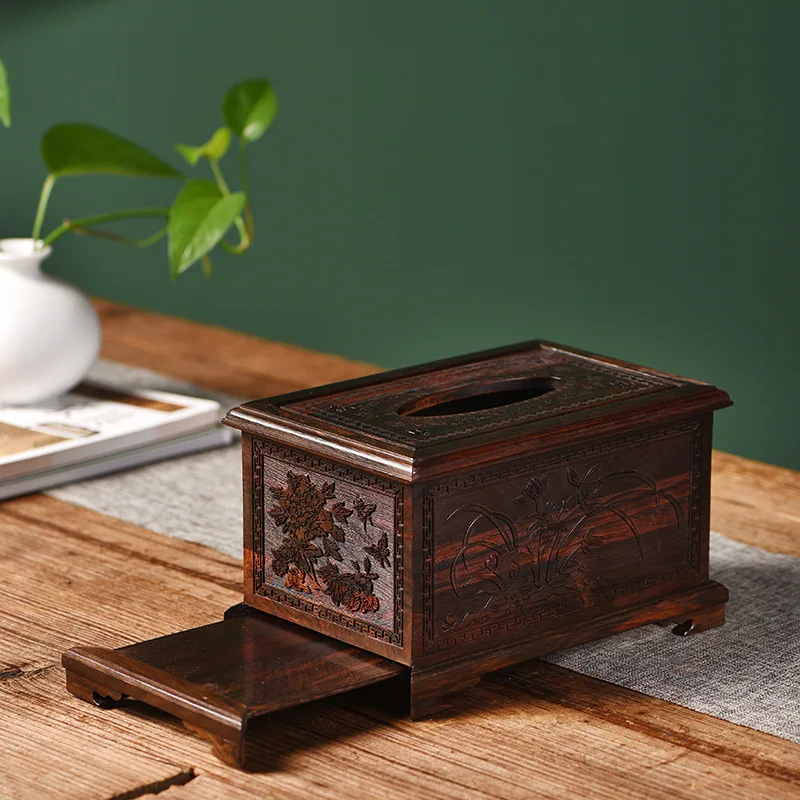HYS high-grade big red rosewood solid wood pumping carton creative red wood Chinese retro living room desktop tissue box