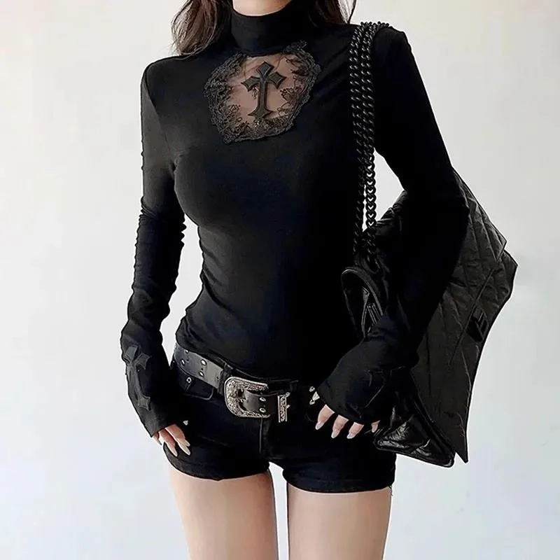 Sexy Black Gothic T Shirts Cross Hollow Slimming Bottom Turtleneck Tops 2000s Clothes Long Sleeve Female Spring Autumn Tops Tees